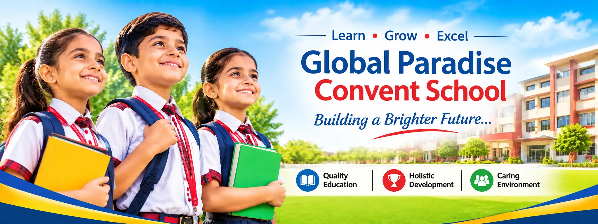 Global Paradise Convent School - Learn, Grow, Excel: building a brighter future. Students in school uniform with their books in front of the school building